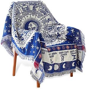 MayNest Boho Woven Throw Blanket Reversible Cotton Bohemian Tapestry Hippie Room Decor Witchy Astrology Zodiac Celestial Constellation Carpet Bed Chair Couch Sofa Cover Double Sided (Blue, S: 71x51)