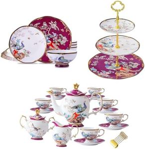 ACMLIFE Bone China Dinnerware Set, Bone China Tea Set with 3-Tier Afternoon Tea Stand