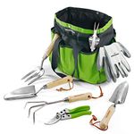 WORKPRO 8 Piece Garden Tools Set, Stainless Steel Hand Tools with Wooden Handle, Including Gloves, Trowel, Weeder, Hand fork, Hand Rake, Transplanter, Pruner and Garden Tote