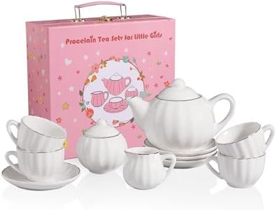 Sweejar Porcelain Toy Tea Sets British Royal Series, Vintage Style Tea Set for Children, Cups & Saucer Service for 4, with Teapot, Sugar Bowl and Cream Pitcher(White)