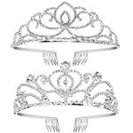 VEGCOO Crystal Rhinestone Bridal Tiara 2 pack, Elegant Wedding Crown for Women Flower Girls, Birthday Headpiece Princess Crowns Hair Accessories with Comb (Silver1)