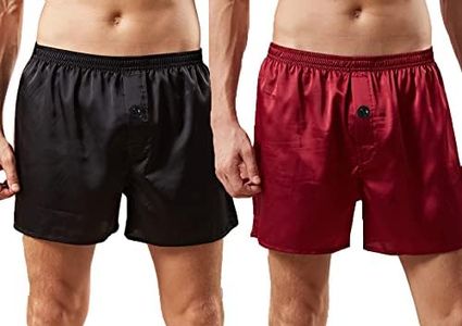 Men's Satin Boxer Shorts Underwear Sleep Pajama Shorts Silk Sleepwear Boxers Underwear, 2-(black+red), Medium