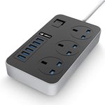 iBlockCube® Extension Lead with 6 USB Ports (3.1A), Surge Protected Power Strip Socket Switch 2M (6.5FT) UK Plug, Fuse & Shutter Extension Lead (Black-Grey)