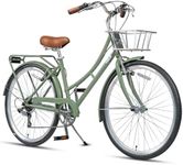 AVASTA 26 Inch Hybrid Bike, Lightweight Step-Through High Tensile Steel Frame for City Commuting, 6 Speed Comfort Bicycle with Metal Basket in Elegant Green with Stylish Black Tires for Woman Female