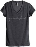 Thread Tank Grateful Women's Fashion Relaxed V-Neck T-Shirt Tee Charcoal Medium