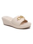 Bruno Manetti Women's Cream Slipon Back Open with Upper Golden Buckle Round Toe Comfort Platform Wedges