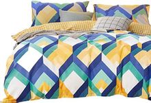 FADFAY Twin XL Duvet Cover Set Yellow Plaid Bedding, 100% Cotton Soft Grid Bed Set College Dorm Room Geometric Chevron Bedding 1 Zipper 3D Duvet Cover 2 Pillowcase