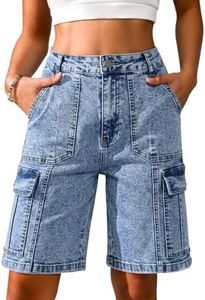 Eddoyee Bermuda Cargo Jorts for Women Denim Jean Shorts Casual Long Knee Length High Waisted Stretch Wide Leg Relaxed Fit(Acid Wash Blue Jean, XX-Large)