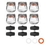 Argon Tableware Glass Jars with Airtight Metal Clip Lid & Chalkboard Stickers - 500ml/17.6oz - 6 Pack - 4 Colour Seals - Kitchen Container Round Preserving Jar for Pickling, Chutney, Jam, Coffee