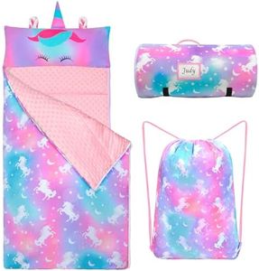Toddler Nap Mat Girls Unicorn Sleeping Bag with Reusable Pillow and Blanket for Kids Slumber Bag for Elementary Preschool Kindergarten Daycare, Tie Dye Unicorn