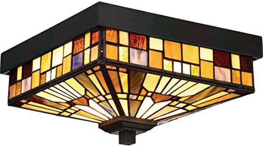 Quoizel Inglenook 2-Light Flush Mount Ceiling Light, Handcrafted Geometric Orange, Yellow, and Brown Tiffany Art Glass in Flush Ceiling Light, Valiant Bronze Finish for Elegant Interior Lighting