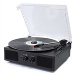 Hernido Vinyl Record Player, Belt-Driven 3-Speed Turntable, Bluetooth Speaker with Input & Output Function, Supports AUX-in, RCA Output, Headphone Jack (Black)