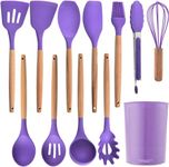 Silicone Cooking Utensils Kitchen Utensil Set, 12 PCS Wooden Handle Nontoxic BPA Free Silicone Spoon Spatula Turner Tongs Kitchen Gadgets Utensil Set for Nonstick Cookware with Holder(Purple, 12)