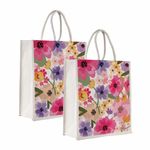 Sangra Canvas Reusable Bags for School, College, Lunch Bag for Office for Men and Women, Grocery Shopping Bag, Multi-Purpose Bag, Sturdy Handle With Zipper Lock (Pack of Two) (Flower)