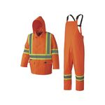 Pioneer Hi Vis Waterproof Heavy Duty Rainsuit - Hooded Rain Jacket and Bib Pants - 210D Oxford Poly/PVC - Orange