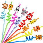 Ynaice 8 Pieces Reusable Drinking Straws Plastic Novelty Straws Safari Jungle Party Straws Zoo Animals Crazy Straws for Adults Kids Wild Birthday Party Favors Decorations Safari Party Supplies