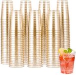 JOLLY CHEF 200 Pack 10 oz Gold Plastic Cups, Disposable Gold Glitter Plastic Cups, Clear Plastic Tumblers for Thanksgiving, Christmas