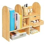 Sunhoo Desktop Bookshelf Organizer Adjustalbe Desk Shelf with Drawers Bedroom Bamboo Shelves Expandable Countertop Bookcase Standing Shelf for Office Supplies Seasoning Plants Books