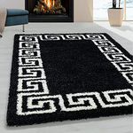 Viva Rugs Black and White Fluffy Rug Shaggy Geometric Border Pattern Large Small Soft Carpet for Bedroom Living Room (Black and White, 80x150cm (2'6"x5'0"))