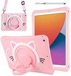 iXTRA iPad Case for iPad 9th/8th/7th Generation 10.2 inch 2021/2020/2019 with Rotating Handle Kickstand Shoulder Strap Soft Silicone Cute Cat Cartoon iPad Case Cover for Women Girls Kids, Pink