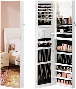 SONGMICS 55 Inches Tall Spacious Jewelry Cabinet, Jewelry Armoire with Light-Up Interior Mirror, Wall or Door Mounted Jewelry Storage Organizer, Lockable, Chirstmas Gifts, Cloud White UJJC032W01