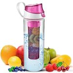 Homeshopa Fruit Infuser Water Bottle, BPA Free Flip Top Leak Proof Lid with Full Length Infusion Rod, Clear Plastic Fruit Infusion Gym Water Bottle for Sports, Camping and Travel, 22 Oz (Pink)