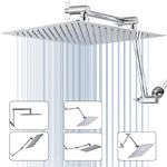 PDPBath 12" Rain Shower Head with 16" Upgrade Flexible Extension Arm, 304 Stainless Steel High Pressure Rainfall Showerhead, All Metal Square Waterfall Showerhead with Extender - Chrome