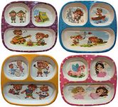 Magic Providers Melamine Kids Plate - Pack of 4 | Rectangular 3 Section Multicolor Melamine Plate with Cartoon Prints | Food Serving Plate with Partition