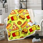 Biscuit Yellow Throw Blanket Pizza, French Fries, Burger Fast Luxury Cozy Fleece Blanket Warm Super Soft Comfort Caring Food Pattern American Style Sherpa Throw Blanket Throw(50"x60")