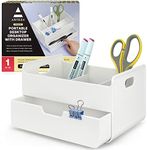 ARTEZA Small Desk Organizer with Drawer – Portable Dresser & Desk Caddy with Desktop Pen Holder – Office Desk Accessories – Lightweight Classroom & Office Organization and Storage, Modern White