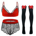 See-through Brassiere Underwear Stockings Set for Men Adjustable Strap Sheer Lace Underwear Set Bachelor Party Black Red L 3 Piece