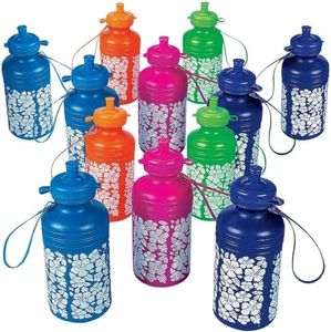 Fun Express 12 Pieces Hibiscus Print Water Bottles, 18 oz, BPA Free Plastic, Party Supplies, Drinkware, Water Bottles & Canteens, Multi-Color