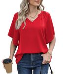 Jouica Summer Chiffon Blouses for Women Fashion 2024 Dressy Casual Short Sleeve Blouses for Work Flower,D Red,XX-Large