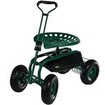 Sunnydaze Garden Seat with Wheels - Rolling Gardening Seat - Garden Stool on Wheels with Adjustable Handle and Utility Tray - Green