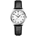 SK Classic Business Women Watches with Stainless Steel Band and Genuine Leather Elegant Ladies Calendar Watch (Silver-Black-Leather)