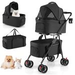 COSTWAY Double Pet Stroller, 4 Wheels Foldable Dog Pushchair Cat Buggy with 2 Detachable Carriers, Adjustable Canopy, Mesh Openings & Safety Leash, Lightweight Pet Pram for Small Dog Cat (Black)