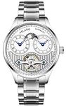 B BINGER Skeleton Watches for Men Automatic Self Winding Mechanical Steel Case(Leather Band White Face)