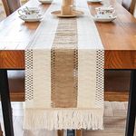 AUTOWT Table Runner, Boho Hand Woven Cotton Table Runners Fall Burlap Macrame Table Cloth with Tassels for Bohemian Rustic Wedding Farmhouse Bridal Shower Home Dining Kitchen Decor(275 cm* 30 cm)