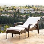 DEVOKO Outdoor Wicker 2 Piece Patio Armchair Recliner Sofa with Comfortable Cushion Ottoman for Garden, Pool, Balcony, Lawn, Deck (Brown and White)