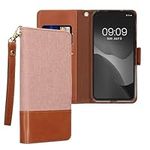 kwmobile Case Compatible with Google Pixel 4a Wallet Cover - Smartphone Card Holder Case with Hand Strap - Magnetic Closure Card Holder - Dusty Pink/Brown