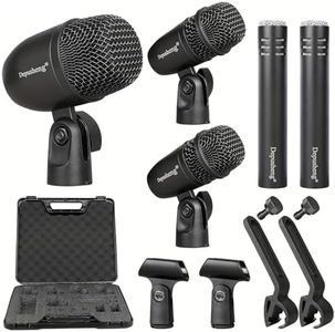 Depusheng 5-Piece Wired Dynamic Drum Mic Kit (Whole Metal) Kick Bass, Tom/Snare & Cymbals Microphone-Use for Drums, Vocal, Other Instrument Complete with Thread Clip 7 On Stage Audio Cables