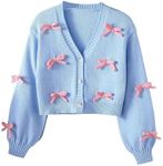 SHENHE Girl's Bow Button Down Knitted Cardigan V Neck Loose Cute Crop Sweater Outwear Blue 8 Years