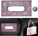 Dyshuai Sparkling Bling Car Visor Tissue Holder Mask Holder Tissue Box PU Leather Crystals Tissue Case for Women Gilrs with Glitter Hook Clip Bling Car Accessories (Black with Pink Diamond)