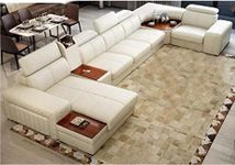 NJ Furniture Pure & Genuine Leather Sofa Set 3+2+2 7 Seater/U Shape Sectional Sofa Set/Without Centre Table for Your Living Room/Office/Dining Room/Hall/Drawing Room (Color Beige)