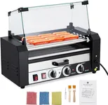 Garvee Hot Dog Roller with Warming Drawer, 5 Rollers 12 Hot Dog Capacity, 1050 Watt Stainless Steel Sausage Grill with Dual Temperature Control Removable Drip Tray and Glass Cover for Parties