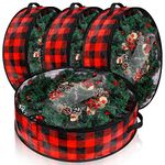 4 Pieces Christmas Wreath Storage Containers 24 x 7 Inch Wreath Storage Bag with Clear Window Wreath Box Zippered Bag with Checkered Bottom and Side for Holiday Christmas Wreaths (Black and Red)