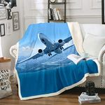 Loussiesd Aircraft Fleece Throw Blanket 3D Aircraft Print Sherpa Blanket for Kids Boys Adults Flying Airplane Plush Blanket Soft Breathbale Fuzzy Blanket for Sofa Bed Couch Double 60x79 Inch,Blue