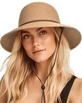 FURTALK Womens Wide Brim Sun Hat with Wind Lanyard UPF Summer Straw Sun Hats for Women, Khaki-brown, Medium-Large