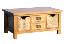 Surrey Oak Coffee Table with Baskets & Storage Drawers | Traditional Rustic Waxed Solid Wooden Rectangular Living Room Furniture, Fully Assembled, H:42cm W:90cm D:55cm