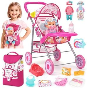 Baby Doll Stroller Set with 12.5" Doll, Baby Dining Table, Backpack with Carrier, 21 PCS Baby Doll Accessories Stroller Toys, 2 Sets Doll Clothes, Feeding Set Girls Toddlers Gifts for Pretend Play